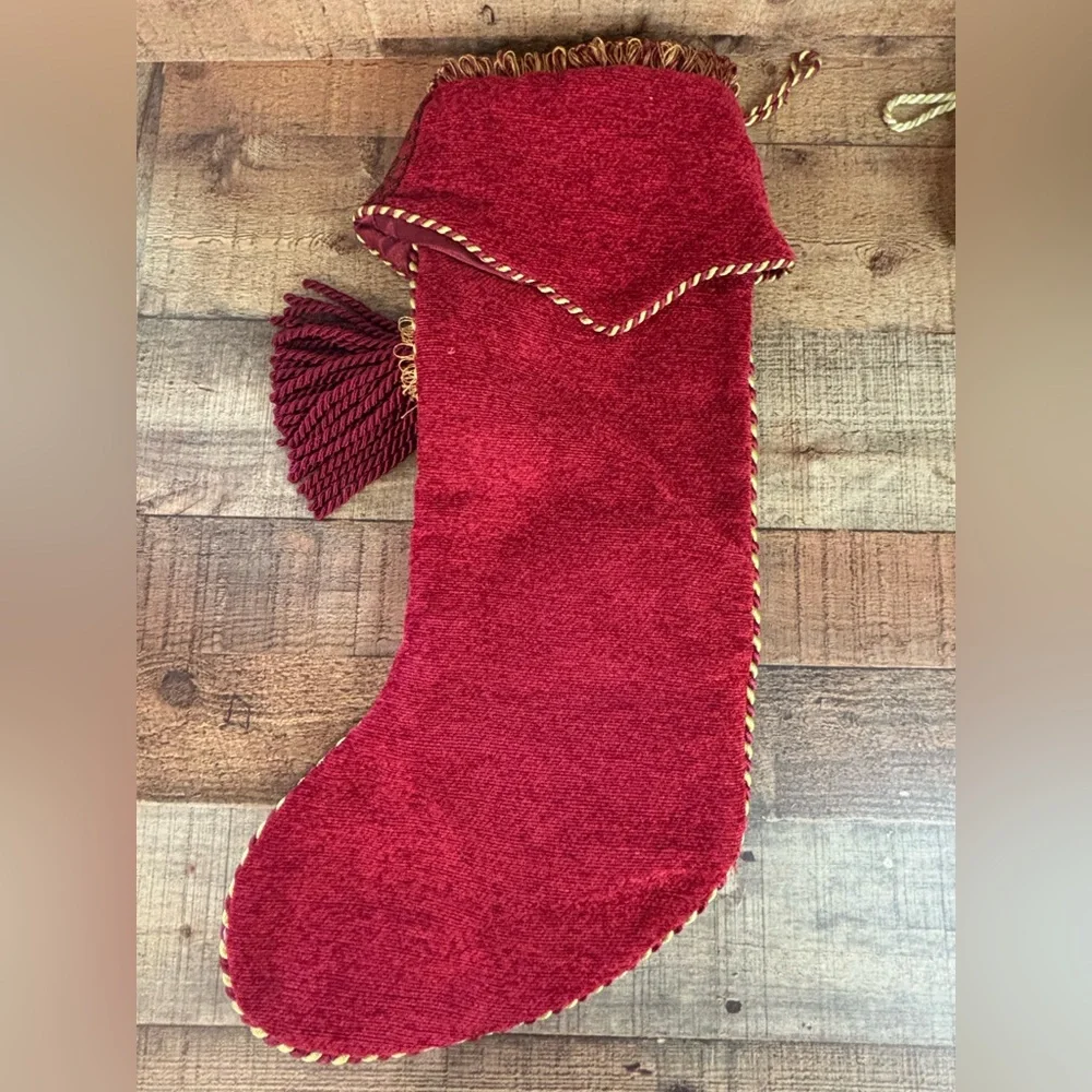 Pair Of Large Elegant Christmas Stockings Burgundy Gold Tassels Mom Dad Tapestry
